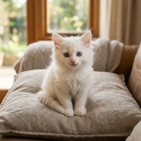 Fluffy white kitten on a linen cushion