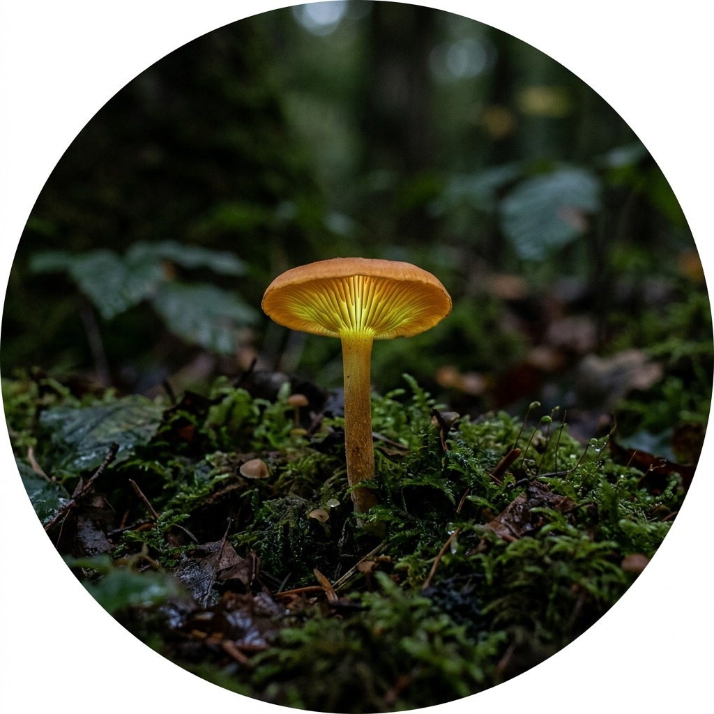 Wild mushroom glowing softly among moss