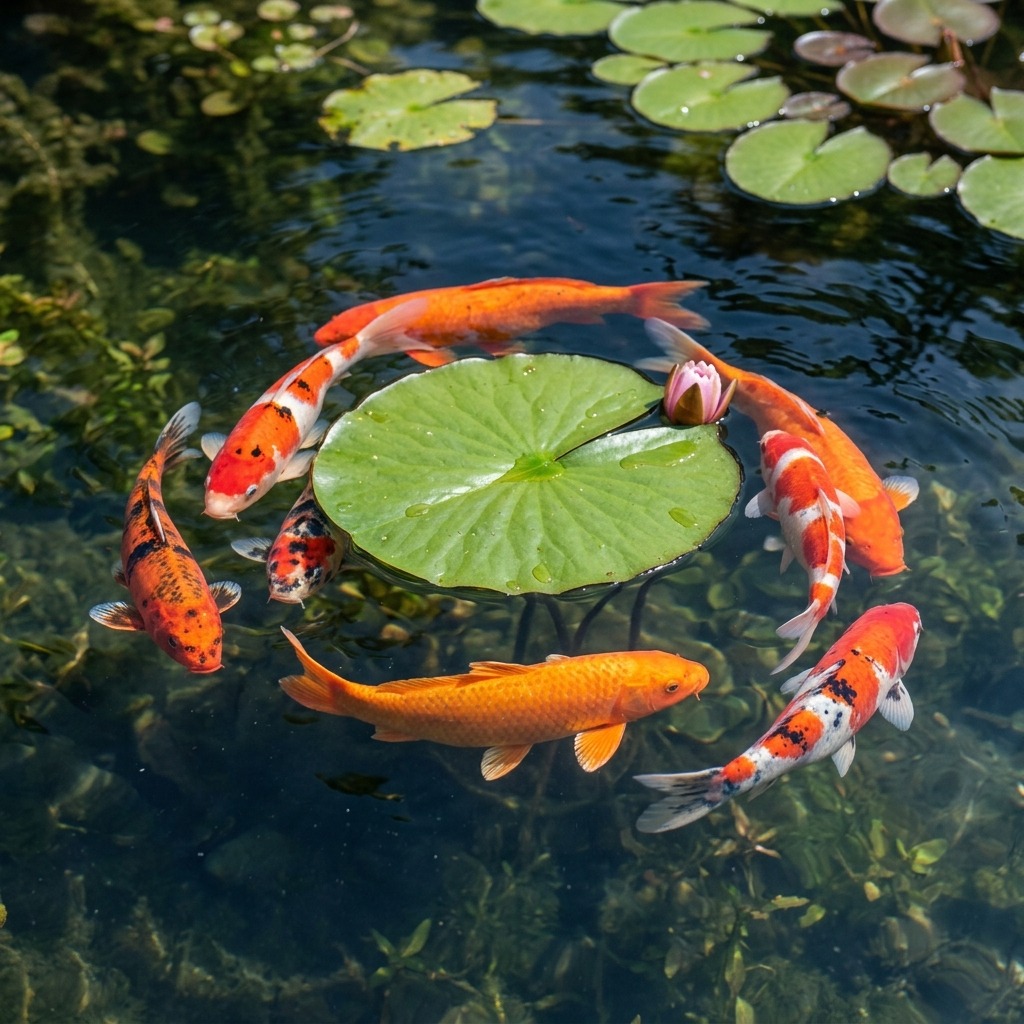 Orange koi circling a lily pad
