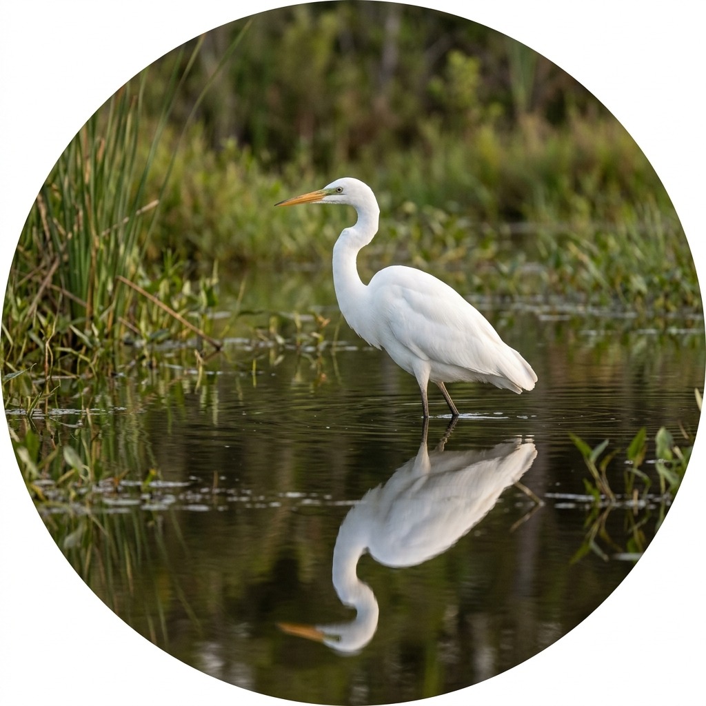 White egret reflected in marsh water