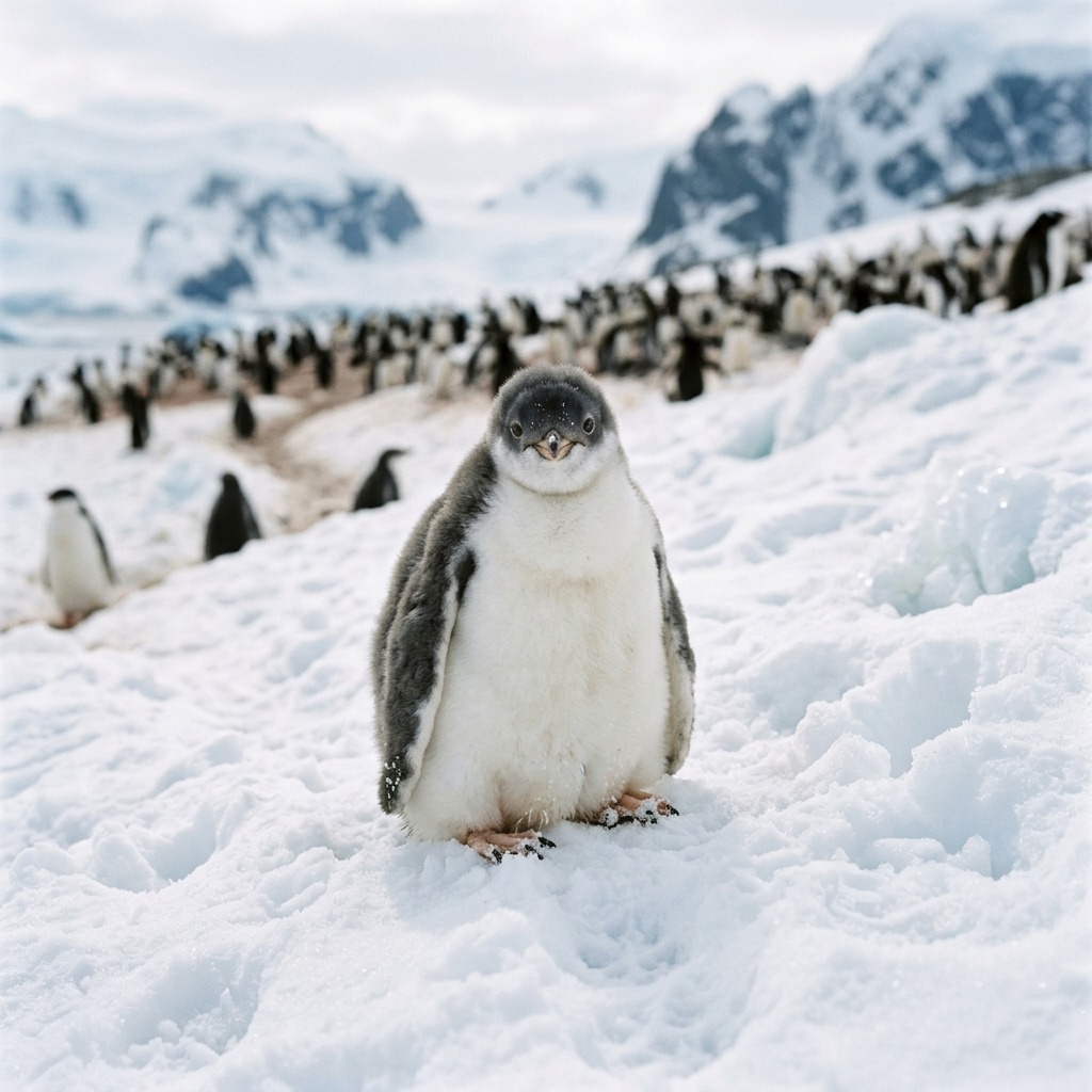 Penguin chick on soft snow