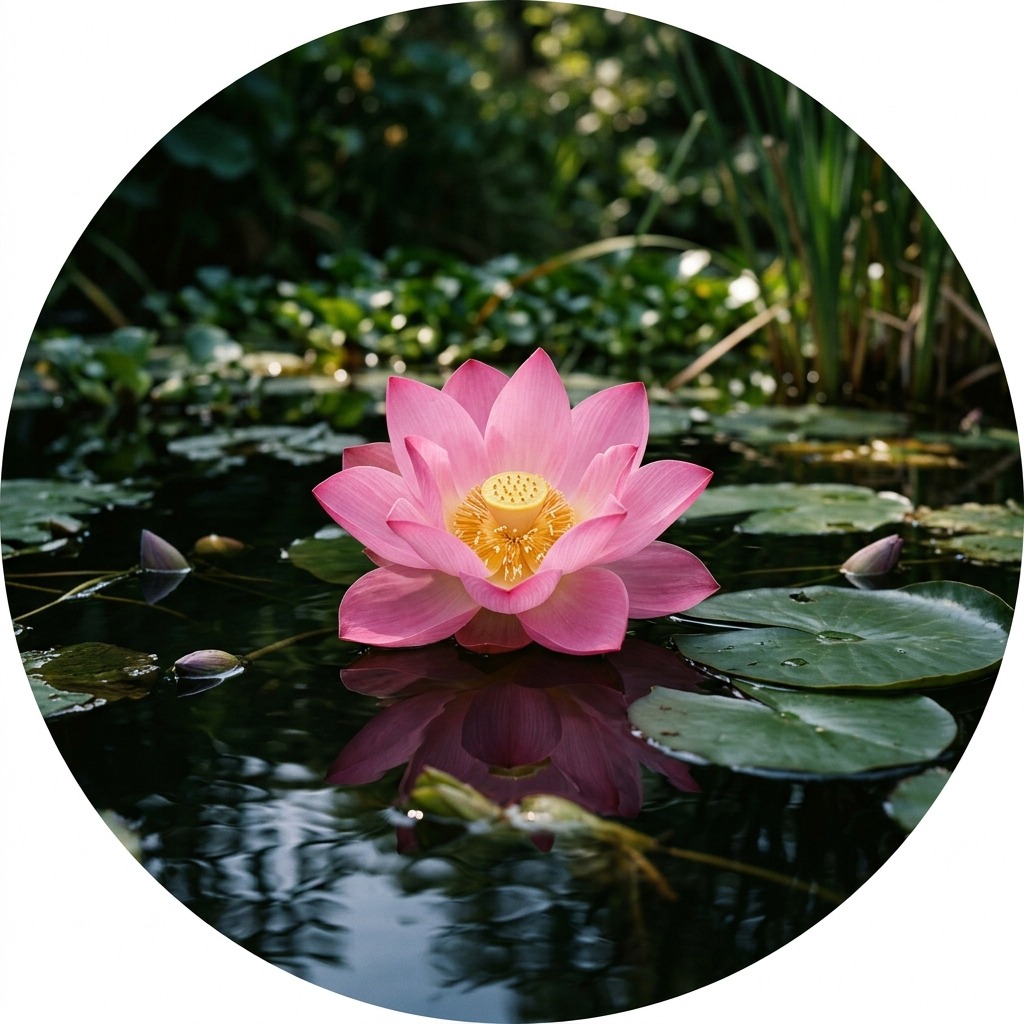Pink lotus floating on dark water