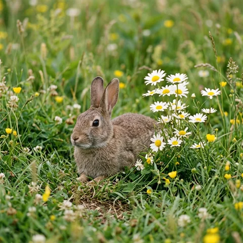 Rabbit resting beside daisies