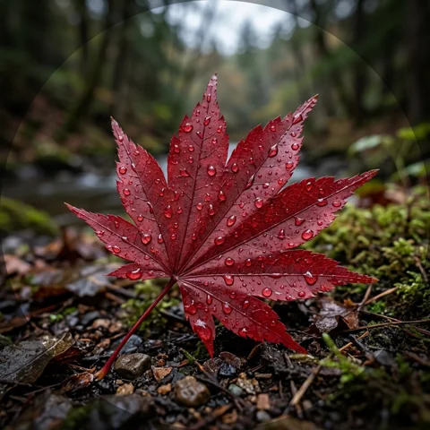 Rain droplets on a crimson maple leaf