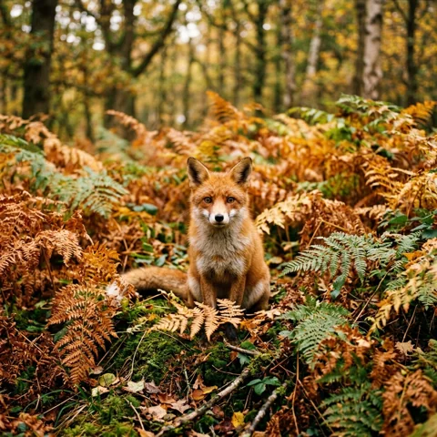Red fox among autumn ferns