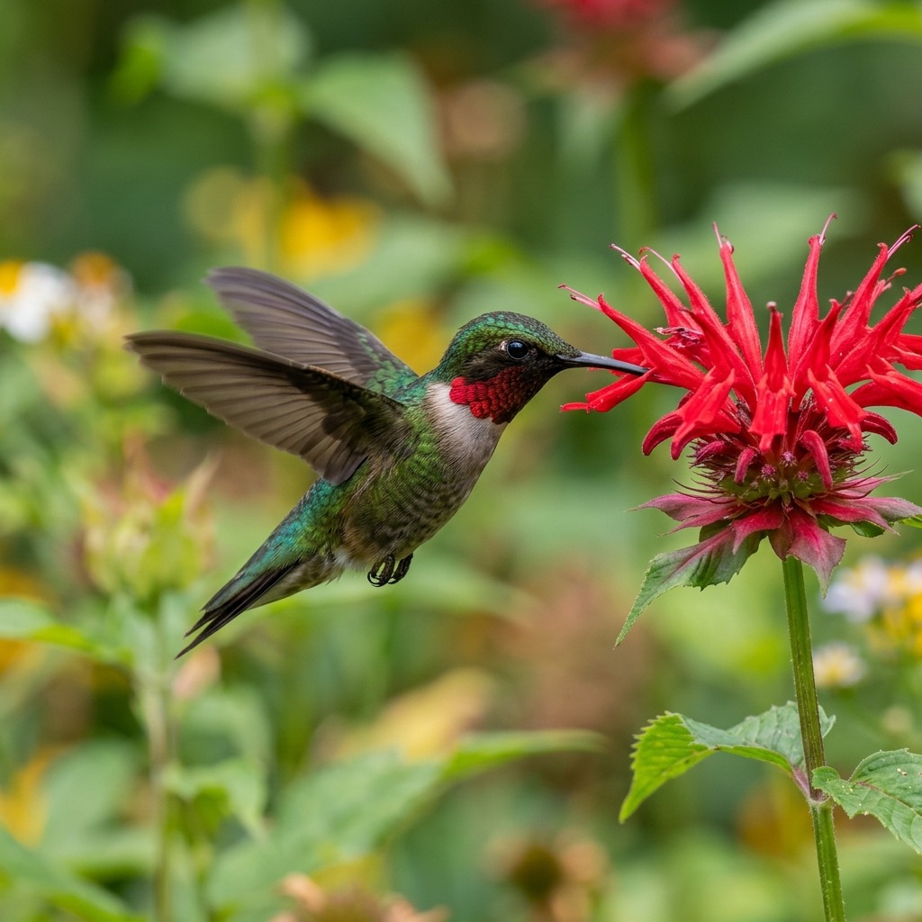 Hummingbird beside a scarlet flower