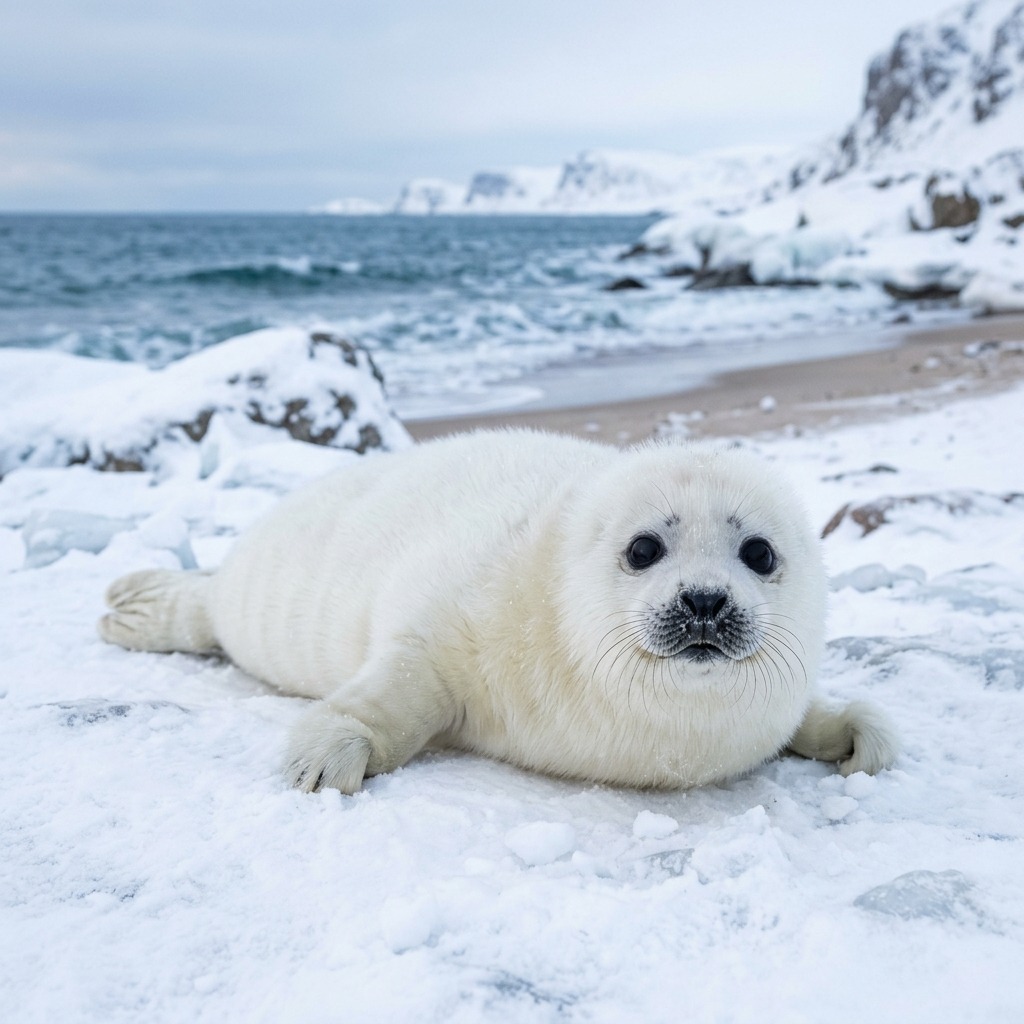 Seal pup on a snowy beach