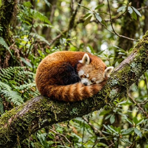 Red panda curled on a mossy branch