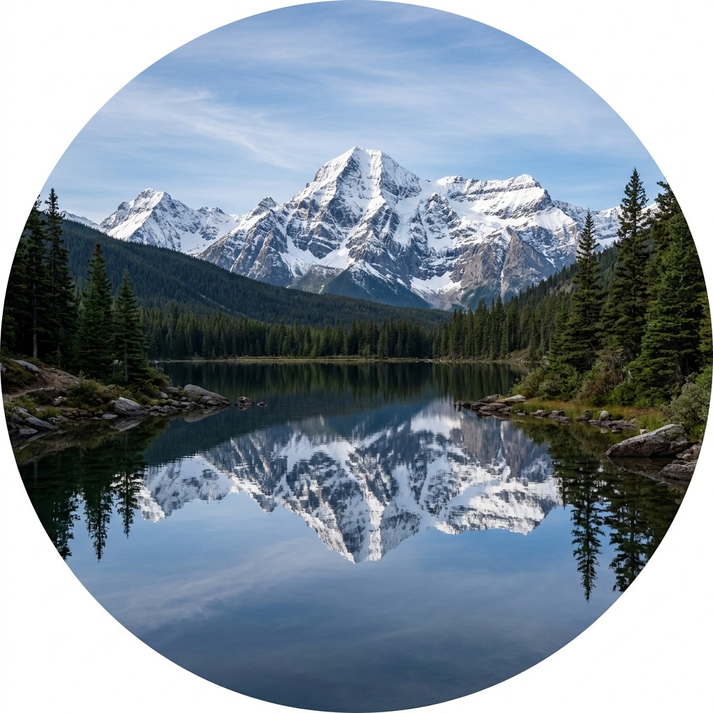 Snowy mountain reflected in still lake