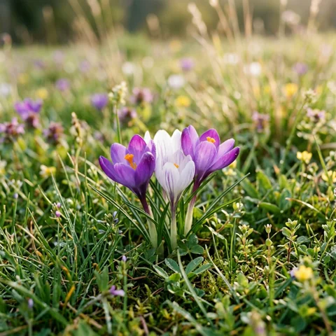 Spring meadow with crocus flowers