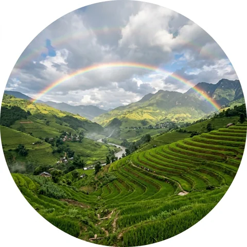 Rainbow over terraced green hills