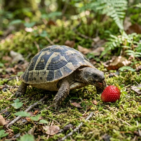 Tortoise beside a strawberry