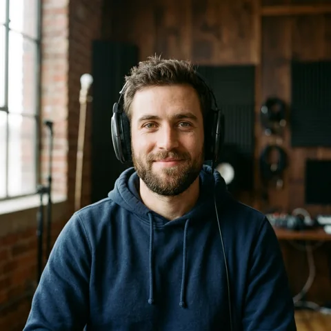 An adult man with navy hoodie with headphones in studio