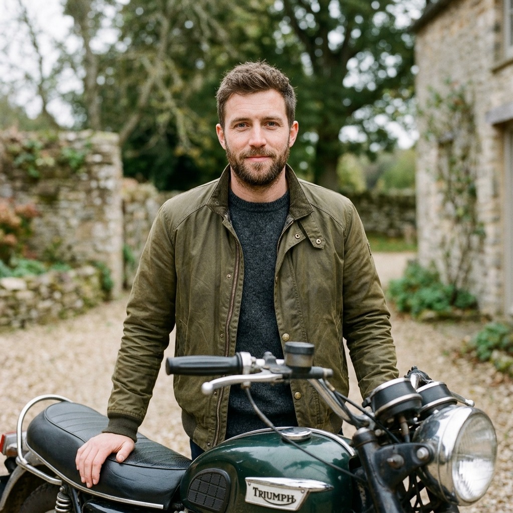 An adult man with olive bomber jacket beside vintage motorcycle