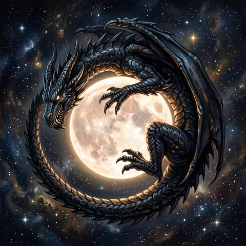 Black dragon curled around a luminous moon