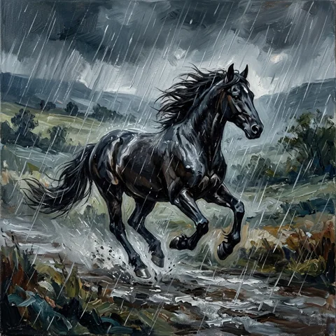 Black horse galloping through silver rain
