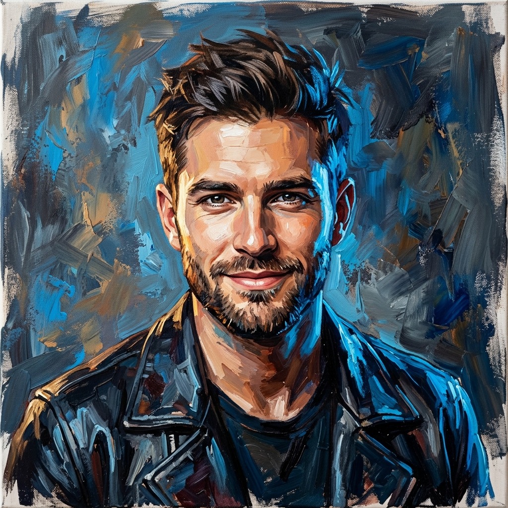 An adult man with black leather jacket with blue studio rim light