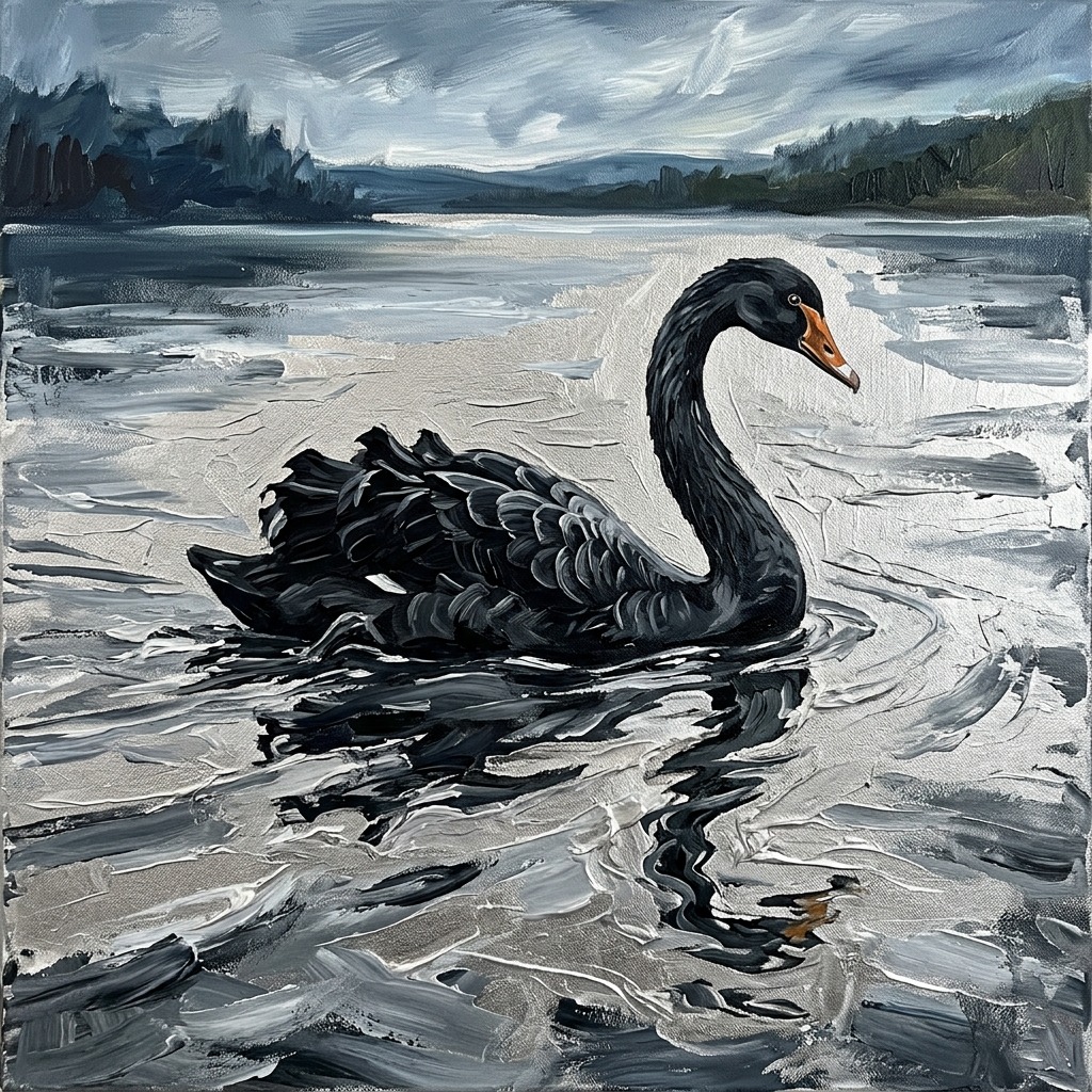 Black swan gliding over silver water
