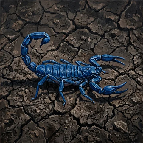 Blue scorpion on dark cracked earth