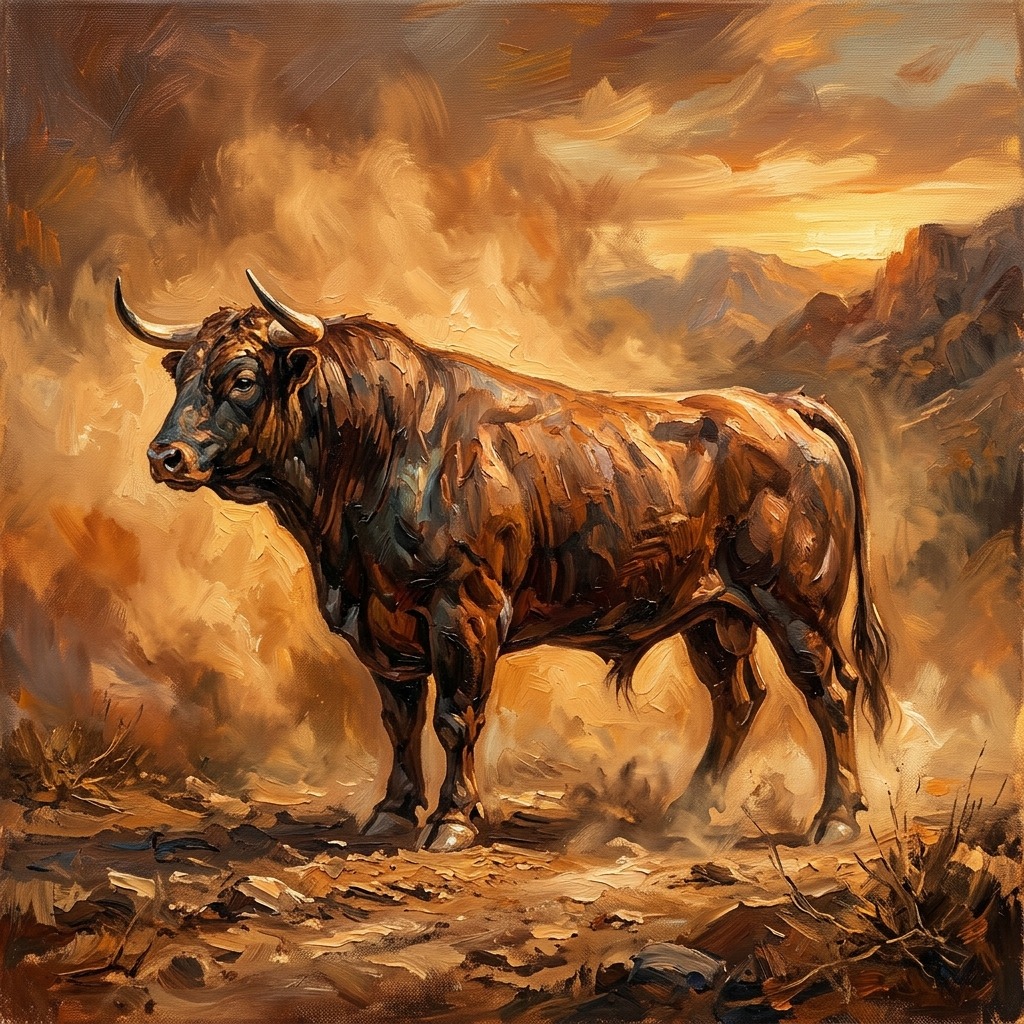Bronze bull against warm dust