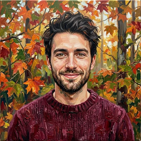 An adult man with burgundy sweater beside autumn maple trees