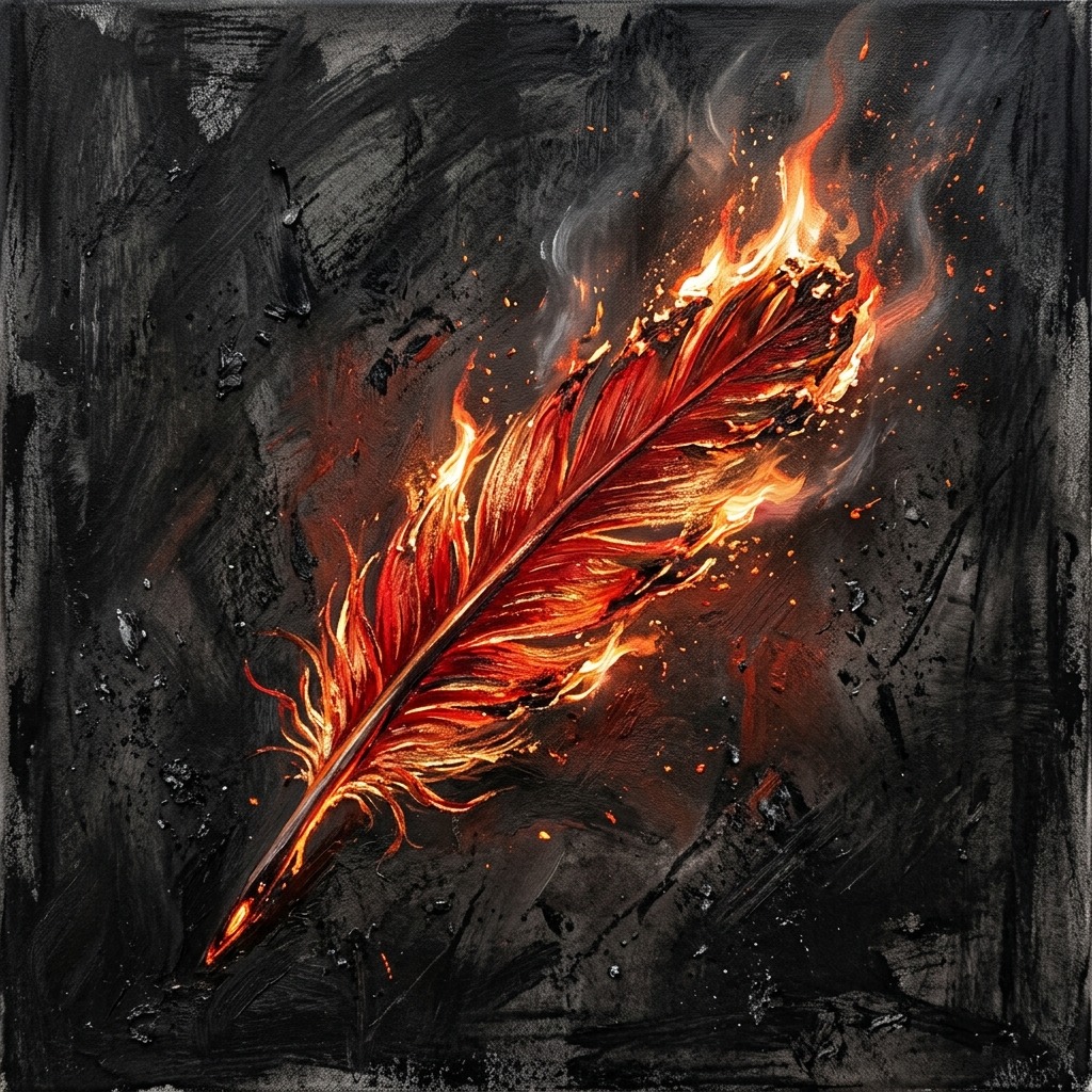 Burning red feather against charcoal