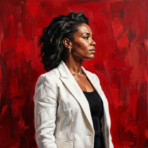 Confident adult woman in white blazer against red studio