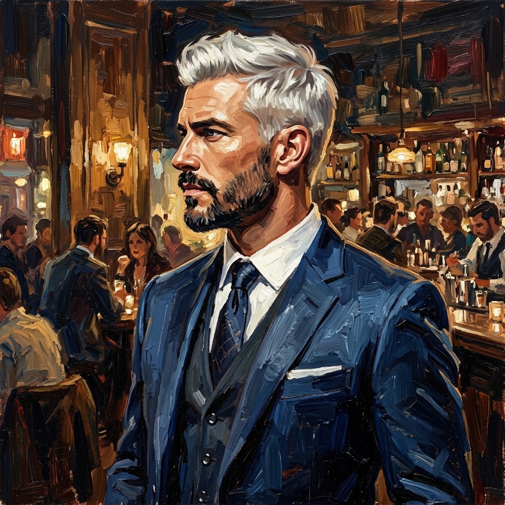 Confident man with platinum hair in a navy suit