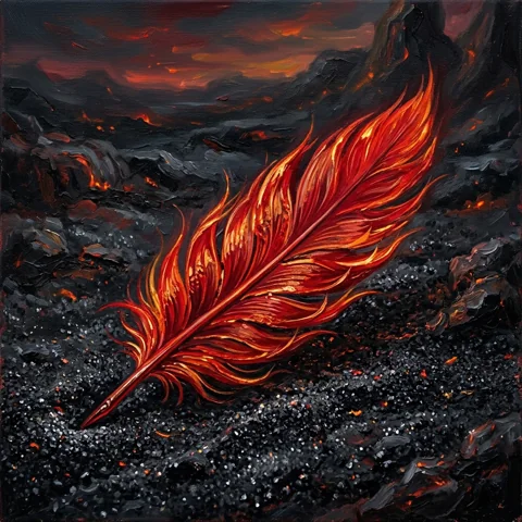 Crimson phoenix feather on obsidian sand