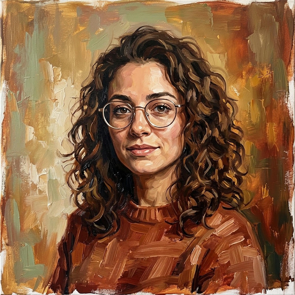 An adult woman with curly hair and round glasses in warm studio