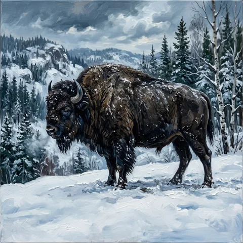 Dark bison in a snowy landscape