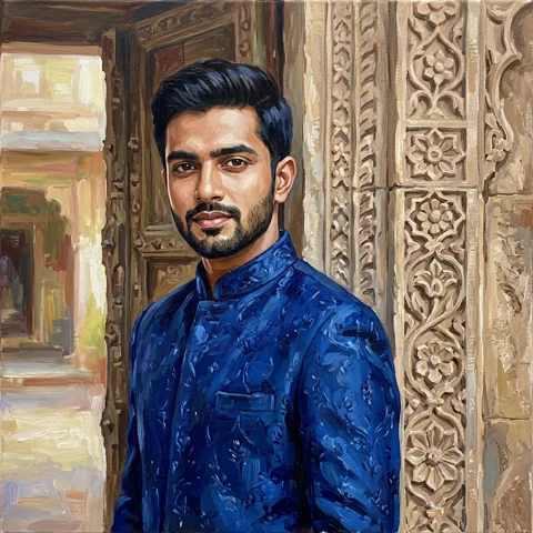 An adult man with deep blue sherwani beside carved stone doorway