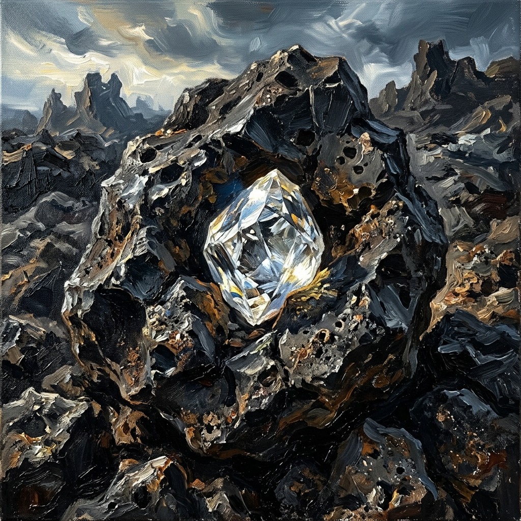 Diamond embedded in rugged volcanic rock