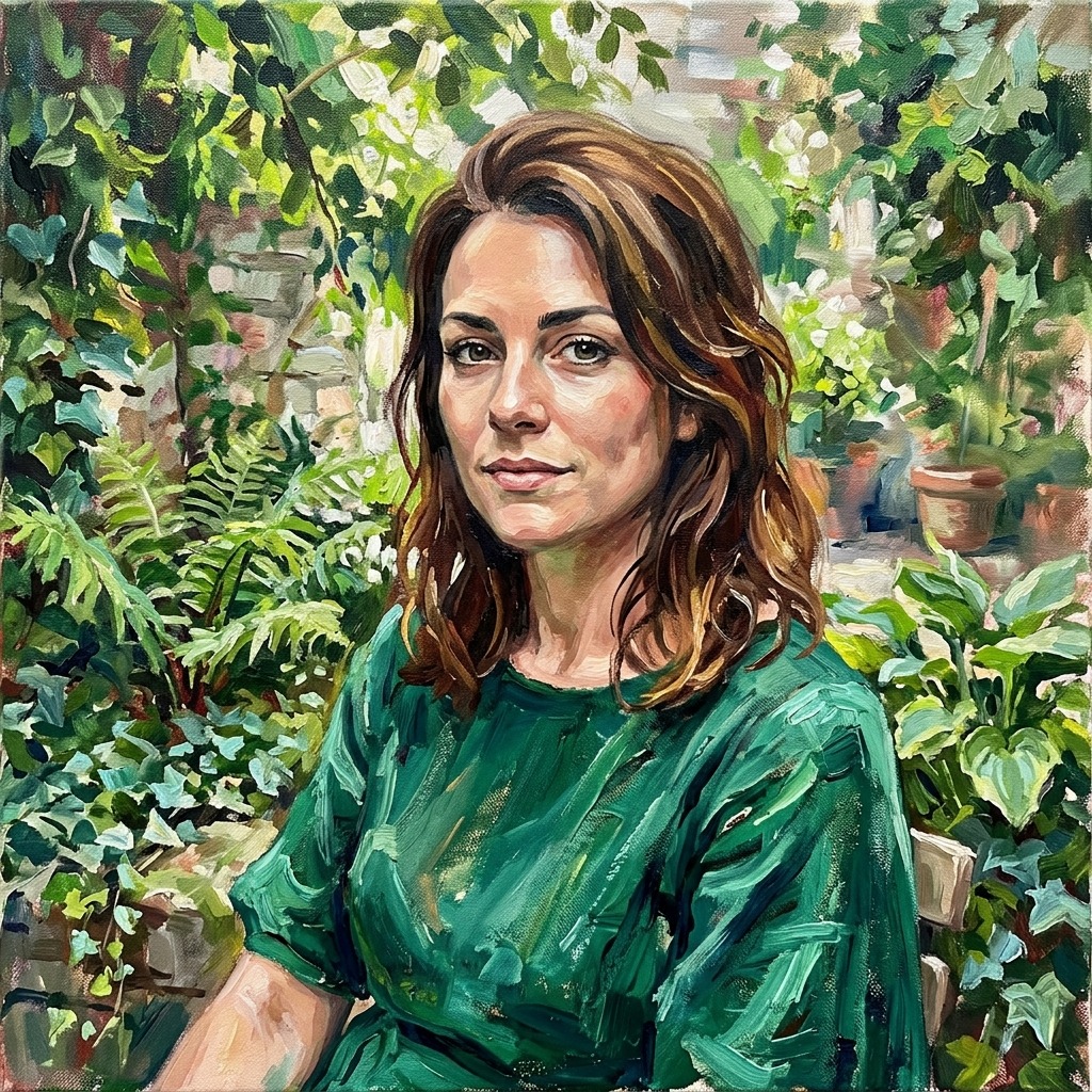 An adult woman with emerald dress beside a leafy courtyard