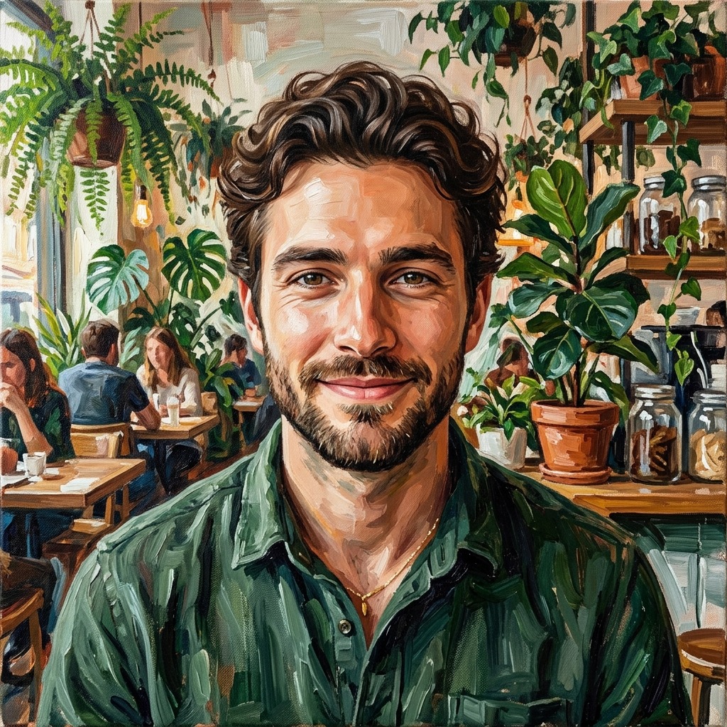 An adult man with forest green shirt in a plant-filled cafe