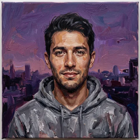 An adult man with grey hoodie beside purple twilight skyline