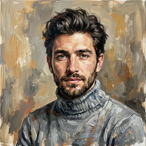 An adult man with grey turtleneck in a minimalist studio