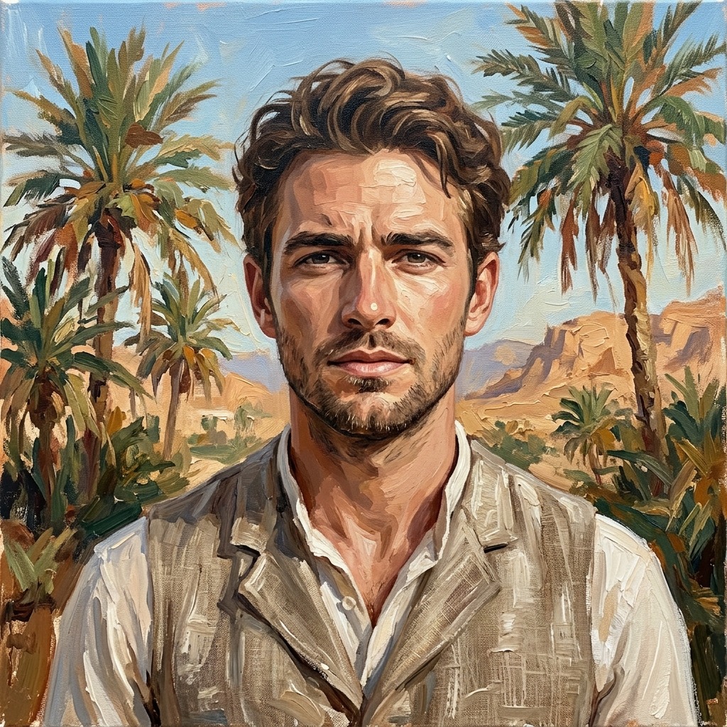 An adult man with linen waistcoat beside desert palms