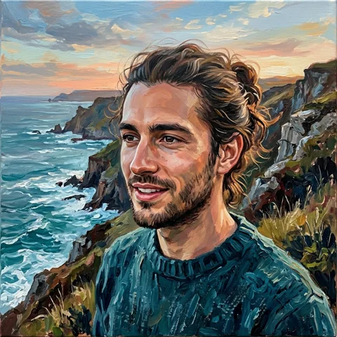 An adult man with long tied hair on a coastal cliff