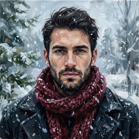 An adult man with maroon scarf beside falling snow