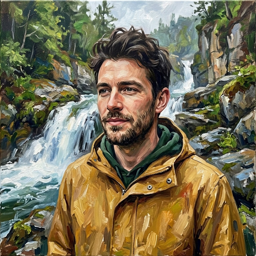 An adult man with mustard rain jacket beside a waterfall
