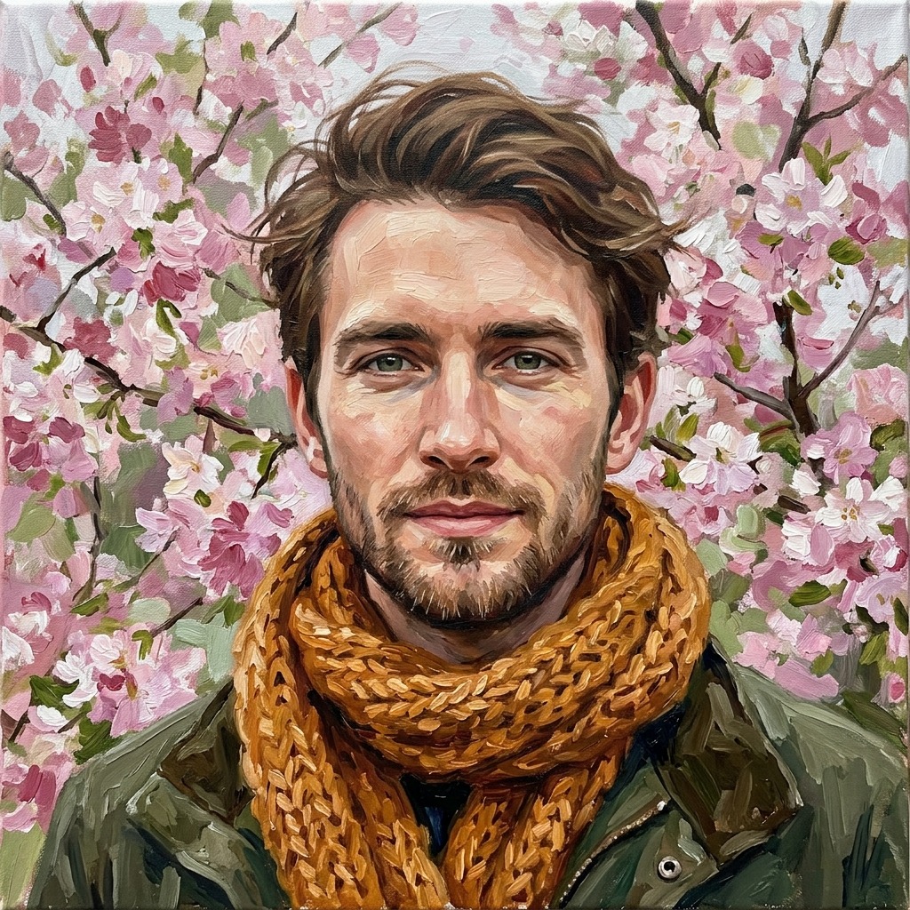An adult man with ochre scarf under cherry blossoms