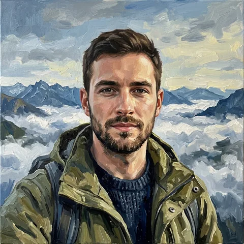 An adult man with olive hiking jacket above clouds