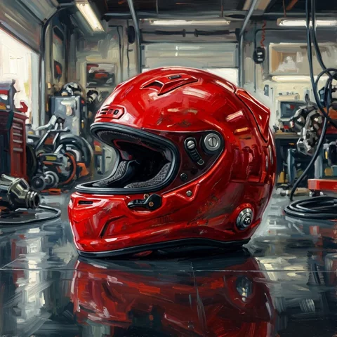 Red racing helmet on glossy dark floor