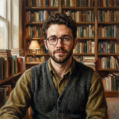 An adult man with round spectacles and charcoal vest in library
