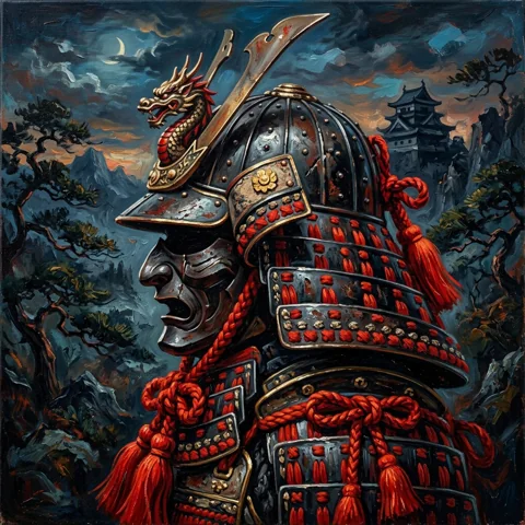 Samurai helmet with scarlet silk