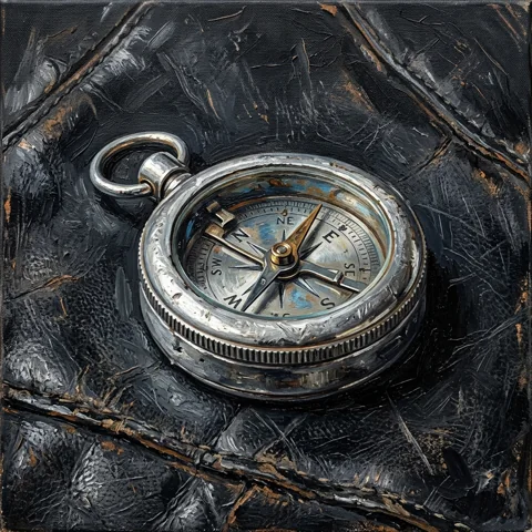 Silver compass on weathered black leather