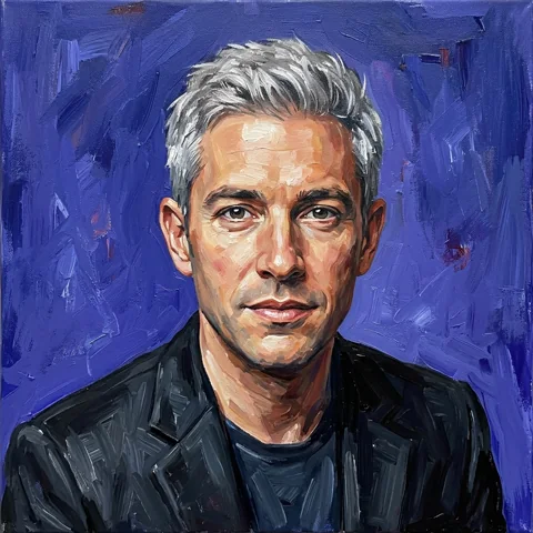 An adult man with silver hair and black blazer against indigo
