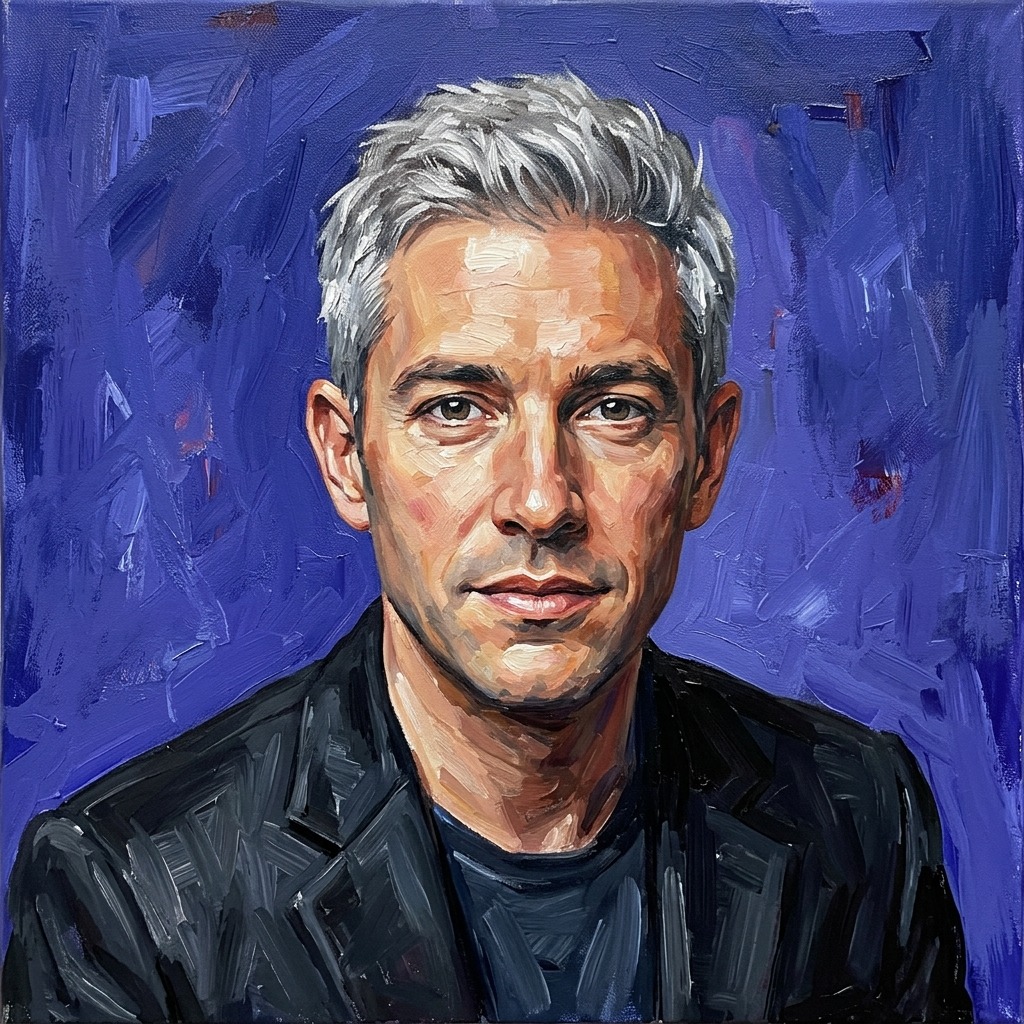 An adult man with silver hair and black blazer against indigo