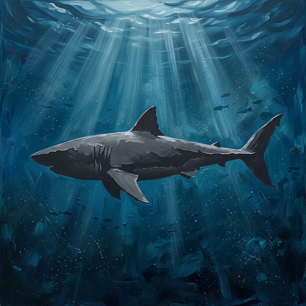 Silver shark silhouette beneath deep ocean light